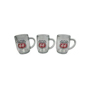 Set Of 3 Phillips 66 Clear Glass Coffee Mugs Sturdy Retro Gas Station Logo Cups